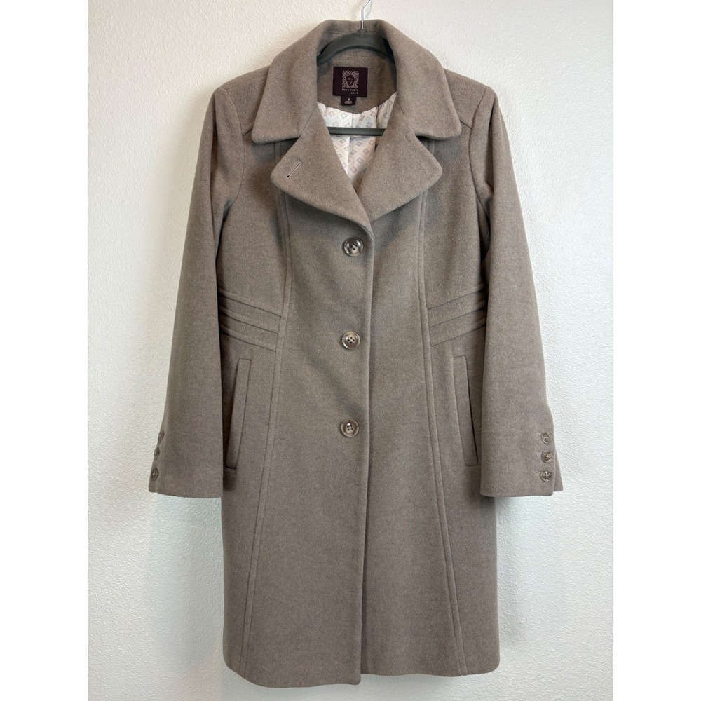 Anne Klein Women Taupe Wool Cashmere Blend Long Peacoat Overcoat Fall Size 8